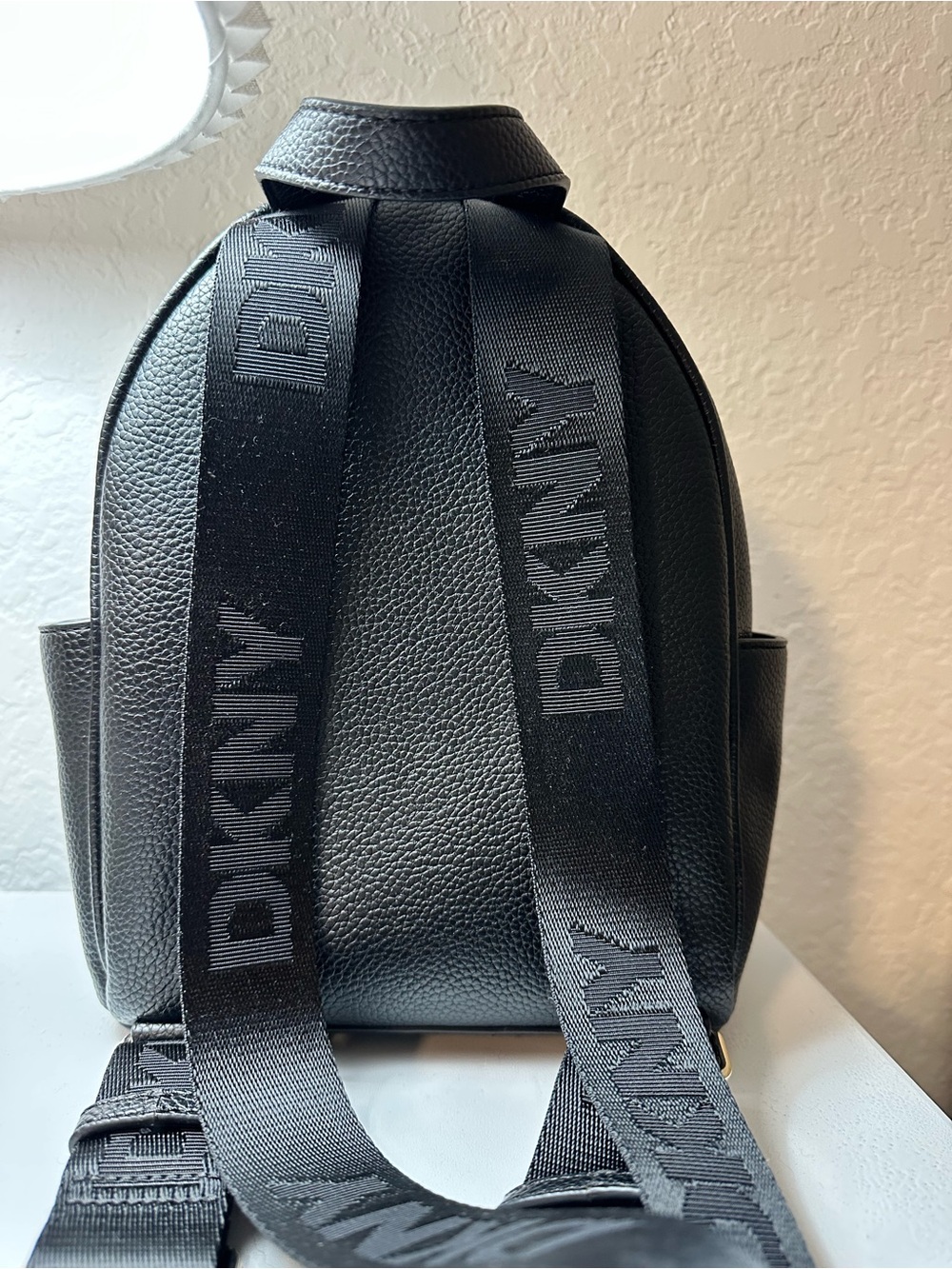 DKNY Black Pebbled Leather Mini Backpack with Gold Hardware - Picture 5 of 7